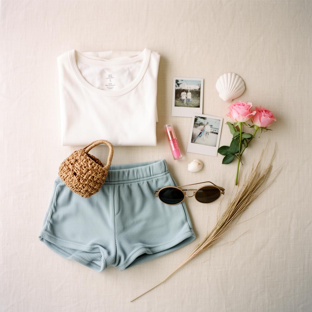 Cotton tank, ribbed shorts, polaroids and a tube of gloss on cream linen